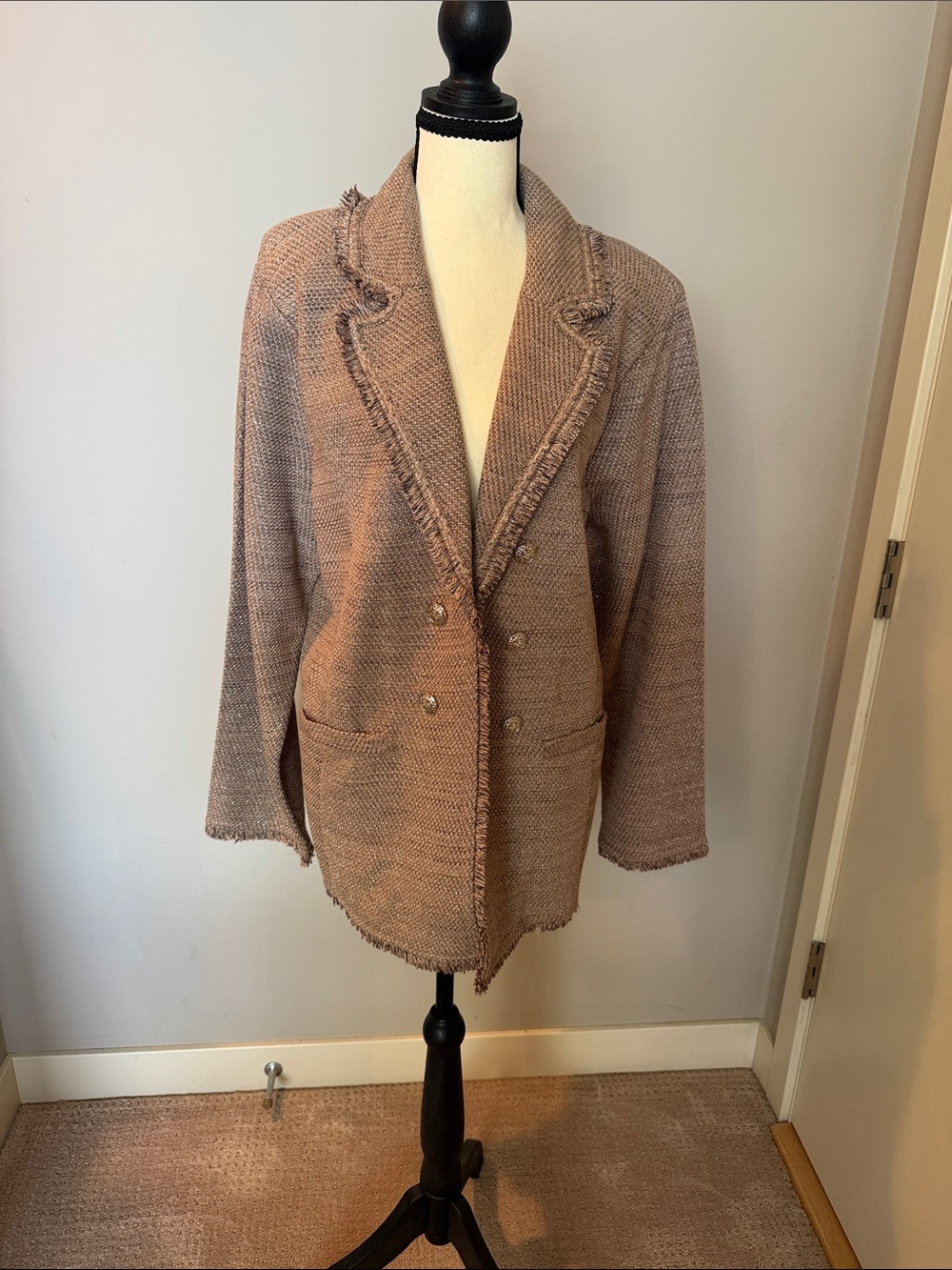 Chico's Frayed-Trim Double-Breasted Blazer in Taupe